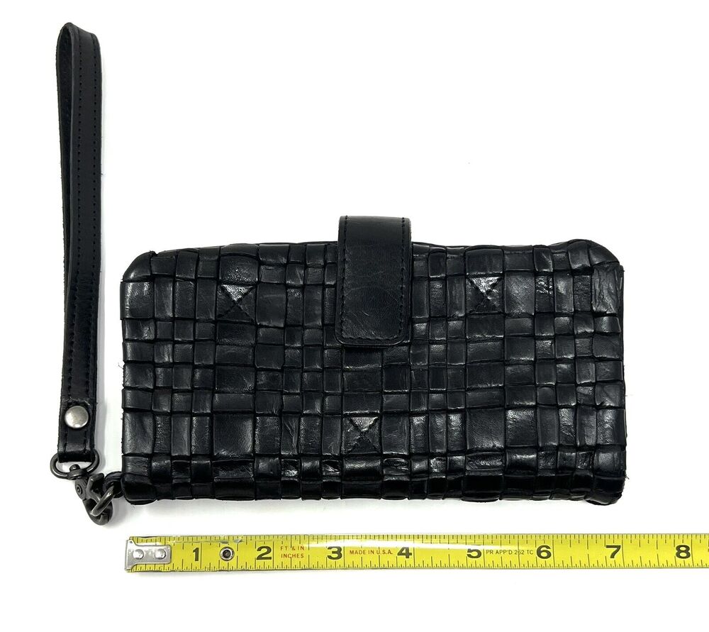 VILENCA Holland Woven Leather Wallet Wristlet Clutch Removable Strap #158 BLACK